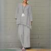Women's Solid Vintage Pants Set Cotton Linen Casual Long Sleeve Loose Cotton Set