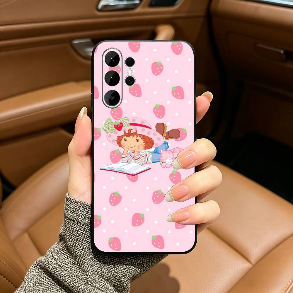 S-Strawberry-S- Shortcake Black Soft Silicone Phone Case for Samsung S25, S24, S21, S22, S23, S30, Ultra, S20, Plus, FE, Lite