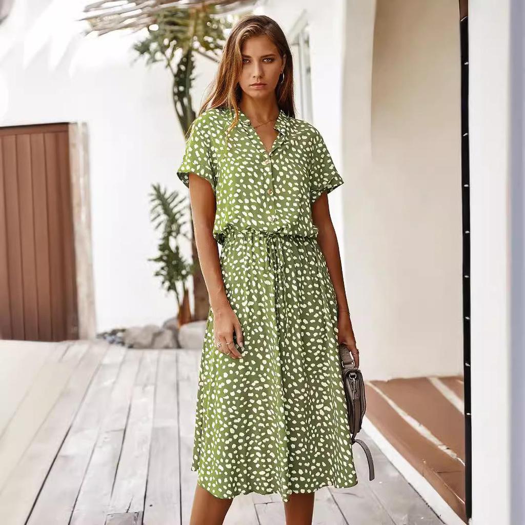 Vestido Midi de Manga Corta de Lunares Europeo y Americano - Moda de Verano 2025 para Mujer