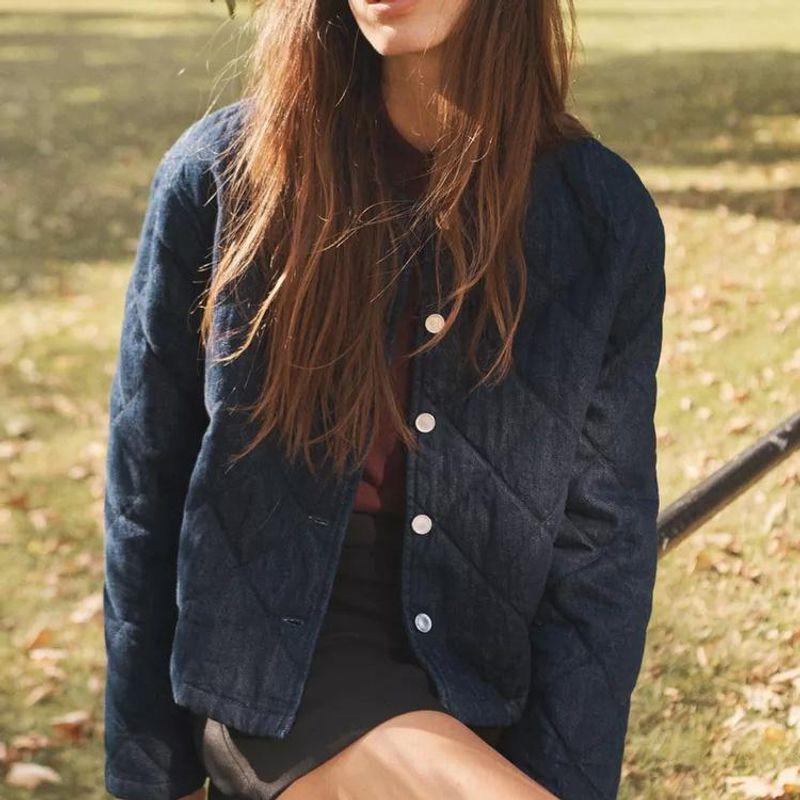 Fall and Winter New Women's Quilted Stand Collar Loose Single Breasted Denim Cotton Jacket Short Jacket 8845040