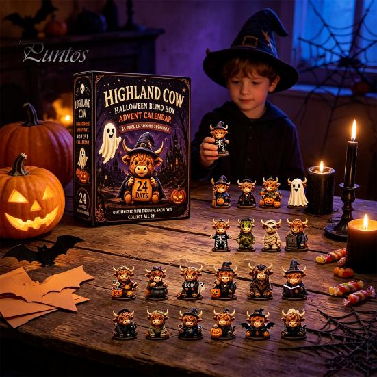 Halloween-Schmuckset Schottische Hochlandkuh Adventskalender, 24-Tage Countdown-Box Geschenk mit 24 Stück Figuren, Gruselige Dekorationen für Kinder