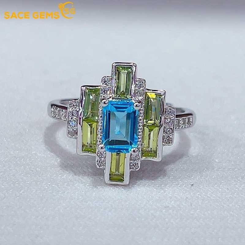 SACEGEMS 925 Sterling Silver 4*6mm Natural Swiss Blue Topaz Luxury Rings for Women Created Wedding Engagement Party Fine Jewelry