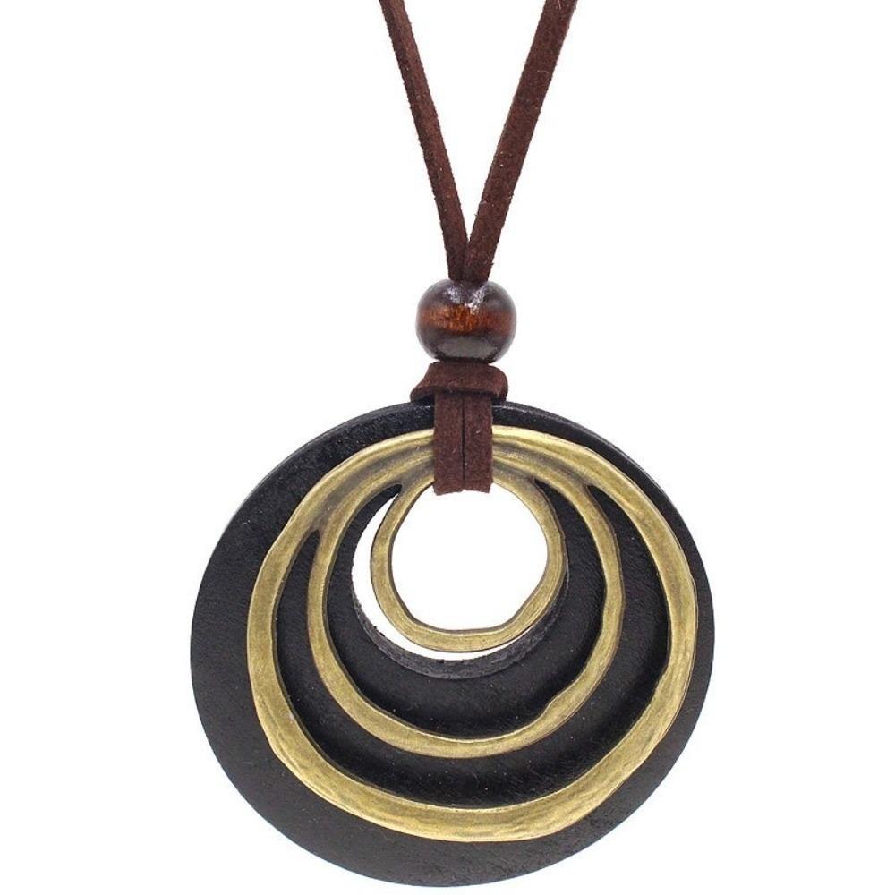 Multilayer Pendant Necklaces Circle Wooden Long Sweater Necklace Leather Cord Chain Jewelry Gifts чёрный