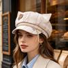 New Contrasting Striped Plaid Versatile Octagonal Hat Women's Spring and Autumn Visor Cute Heart-shaped Cat Ears Beret