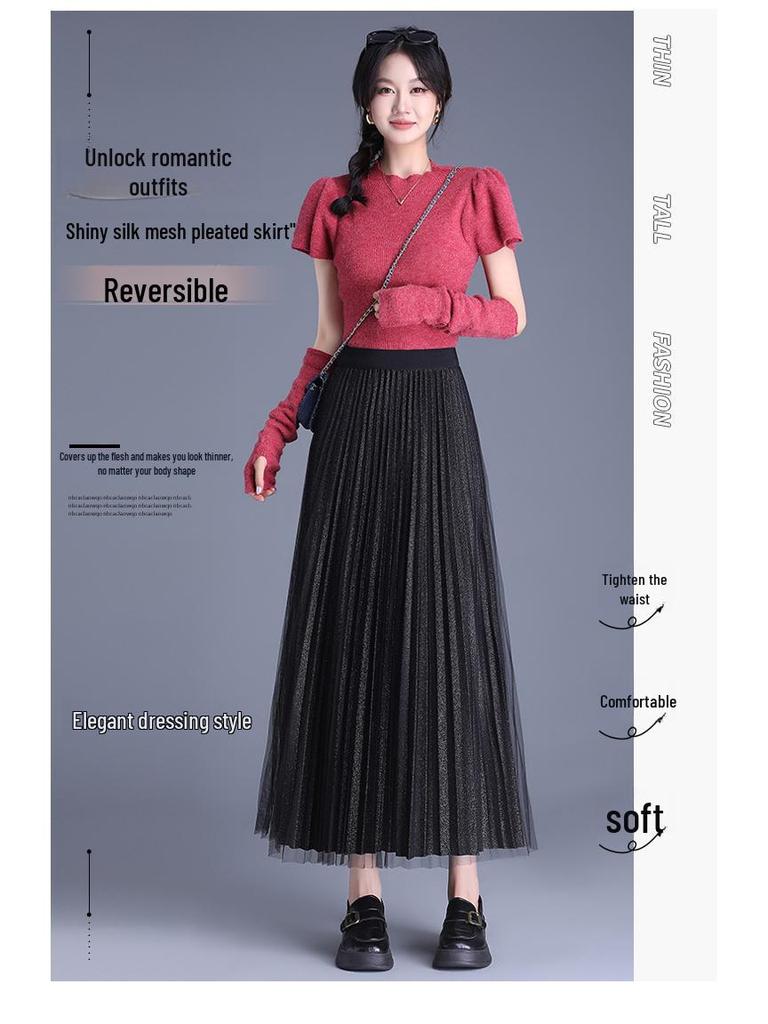 Elegant High Waist Pleated Silk Mesh Skirt – Double-Sided Versatile Fashion Skirt for Women