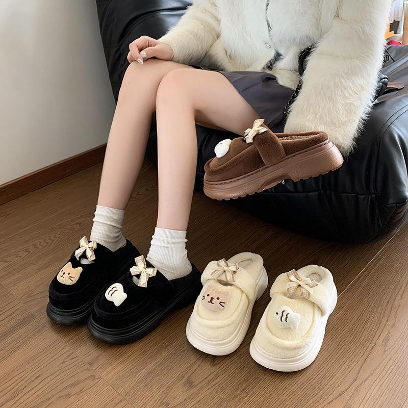 Bow puppy cotton slippers outer wear women's 2025 autumn and winter season piled thickened non-slip thick-soled versatile cotton shoes