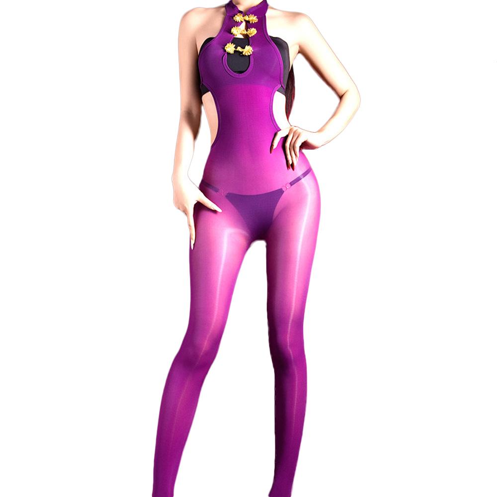 Fashion Women Backless Open Crotch Bodysuit Hollow Out Jumpsuit Oil Shiny Glossy Elastic Tight 5D 912 Pin Bandage Maid Leotard
