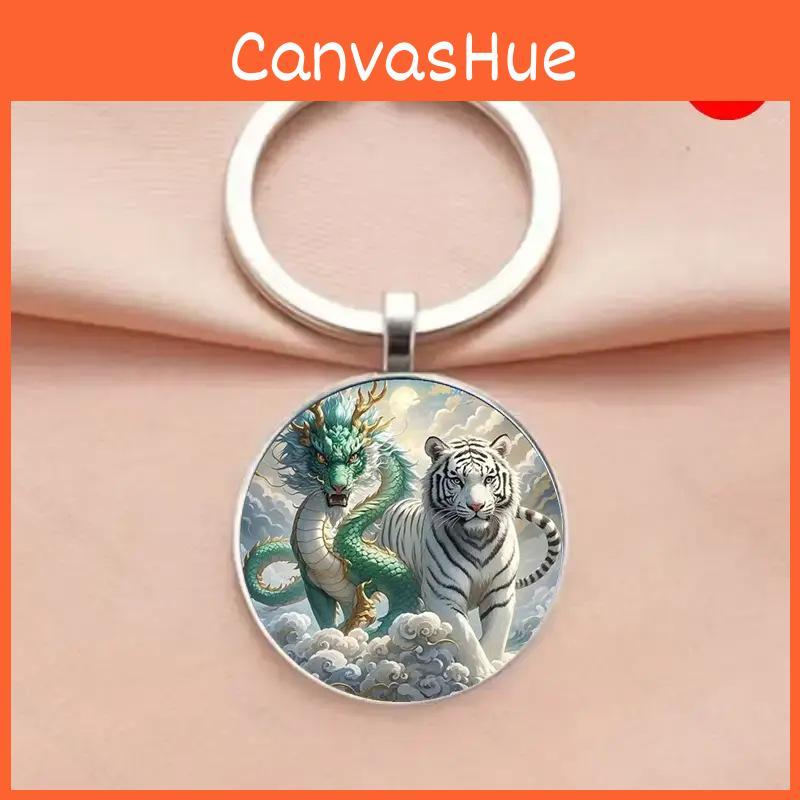 Modern Style Dragon And Tiger Keyring Glass Alloy Pendant For Gift Giving And Decoration