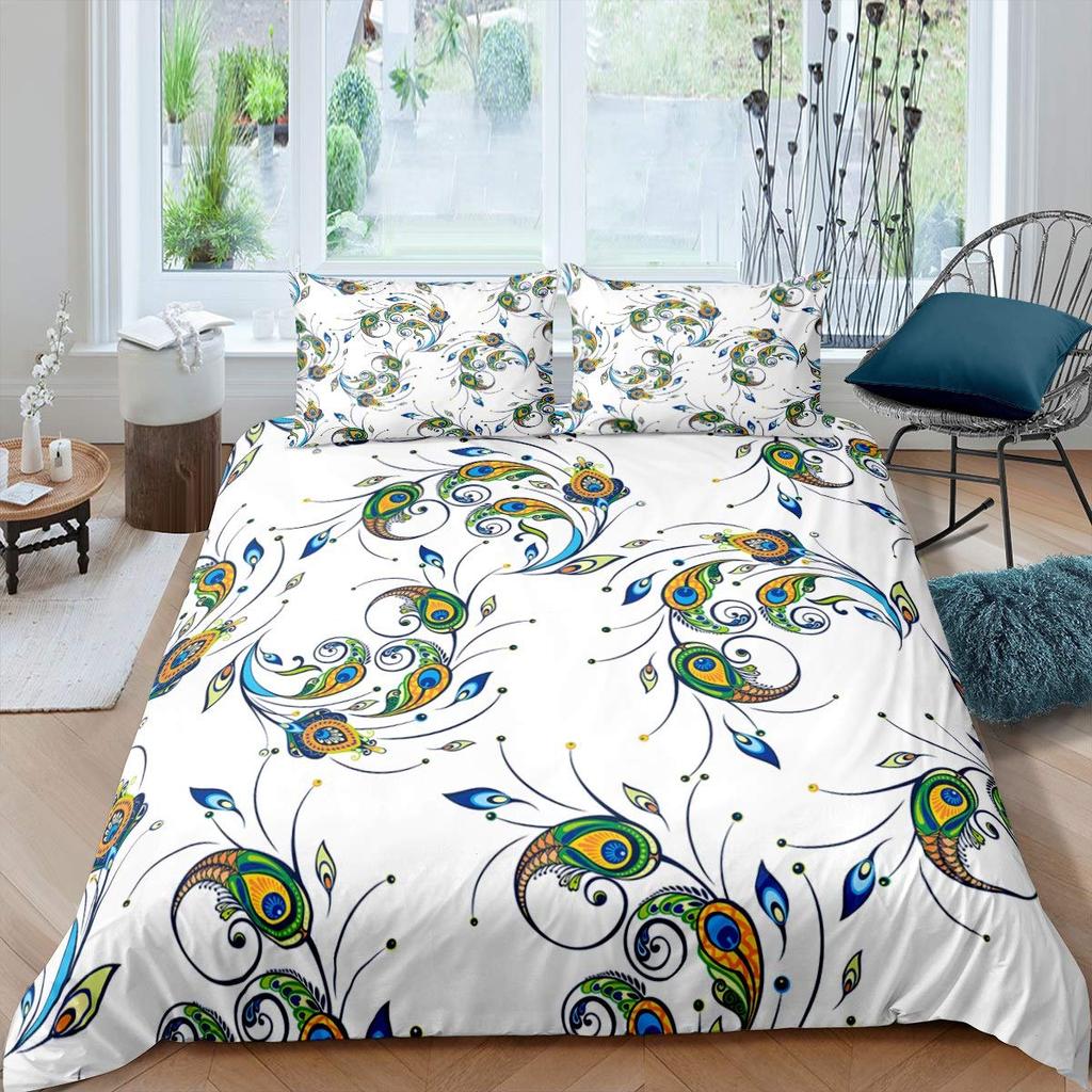 Peacock Feather Print Duvet Cover Bird Feathers Element Bedding Set Ultra Psychedelic Swirl Comforter Cover Colorful Bedclothes