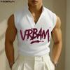 INCERUN Men Stand V Neck Sleeveless Letter Print Casual Rib Tank Tops 