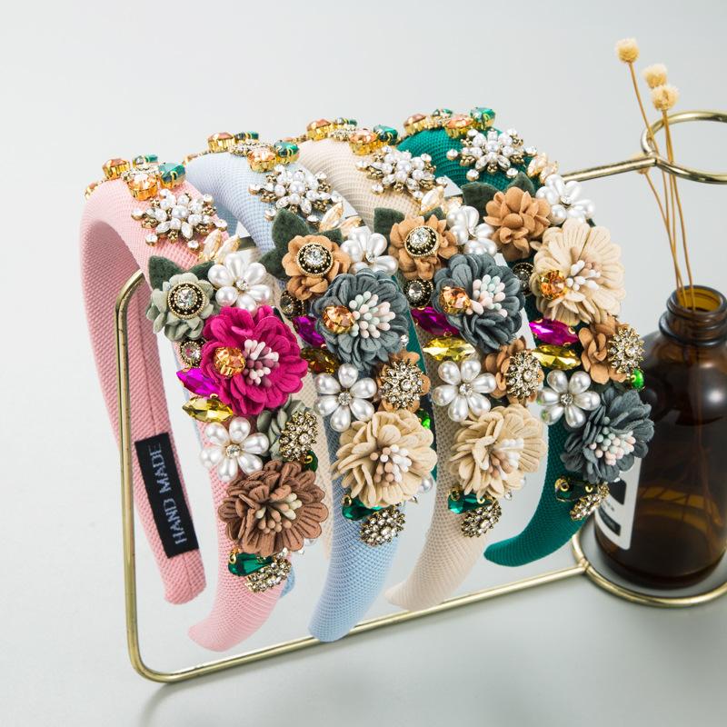 Luxury Pearl Fabric Flower Sponge Headbands Hair Accessories For Women Party Rhinestone Hairband Hair Band Hoop Girl Headwear