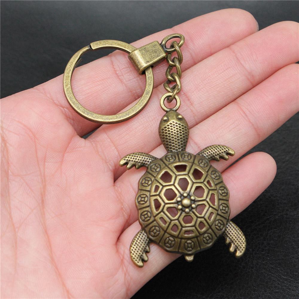Marine Life Turtle Ocean Creature Pendant Antique Bronze Metal Keychain with 30mm Ring for Men Fashion Gift