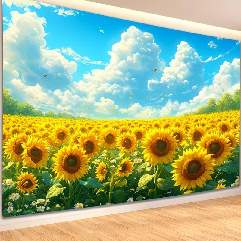 

Bright Sunflower Field Backdrop with Blue Sky and Butterflies Party Background Banner 47.2x31.5inch/120*80cm