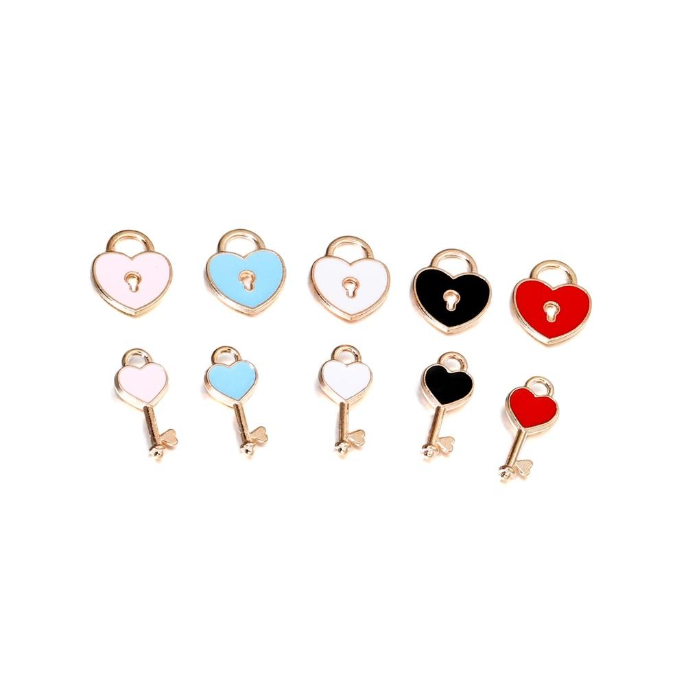 10Pcs/Bag Alloy Love Heart Small Key Lock Shape Charms Enamel Pendant For DIY Bracelet Necklace Jewelry Making Accessories