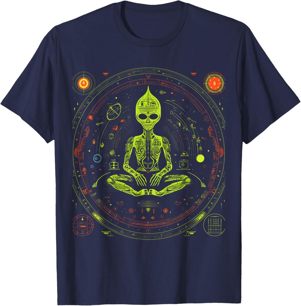 Alien Zen Meditation Graphic Tee Men's Breathable Cotton Casual Short Sleeve T-Shirt