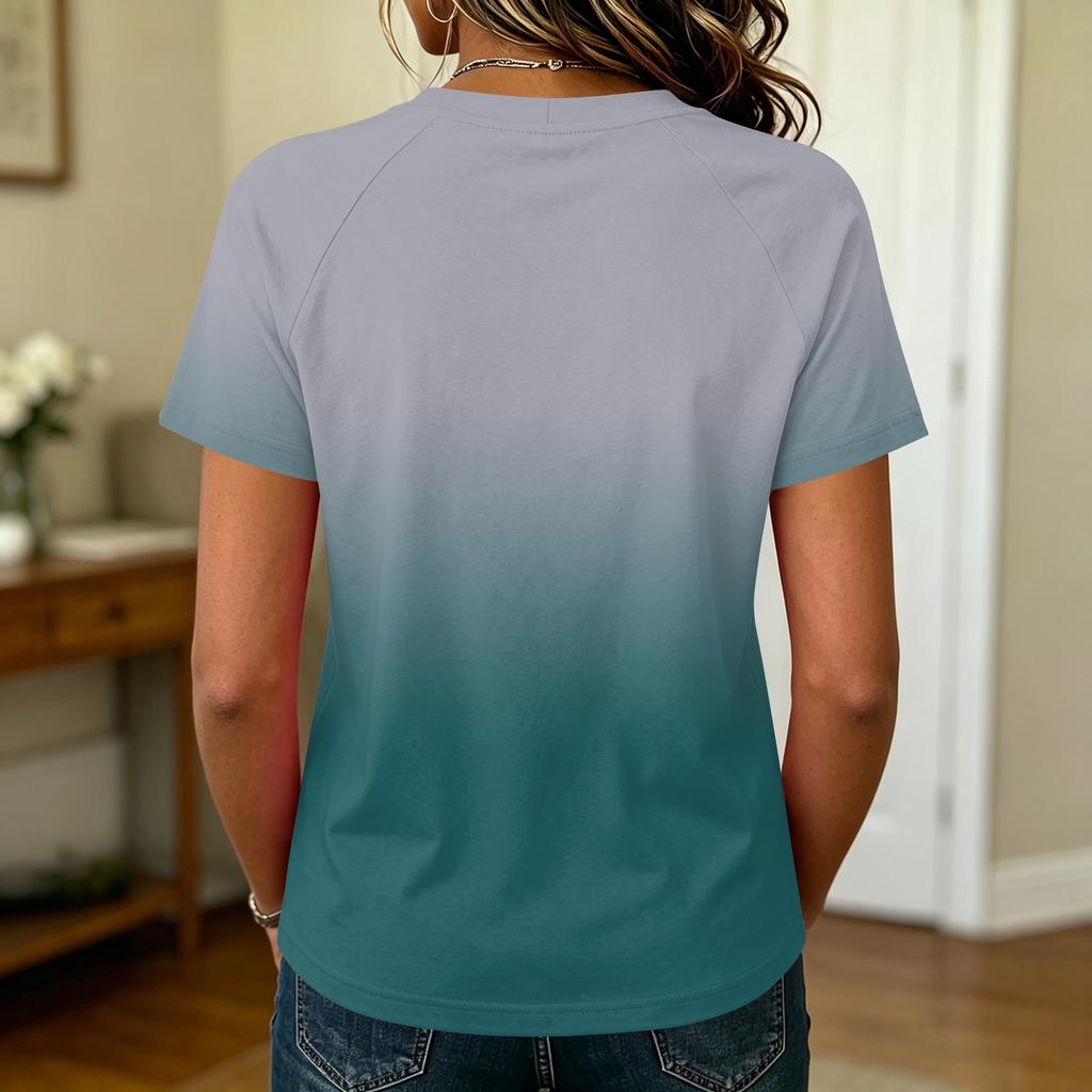 Damen Casual Raglanärmel Rundhals Kurzarm T-Shirt Farbverlauf Druck Leichtes Sommer Oberteil