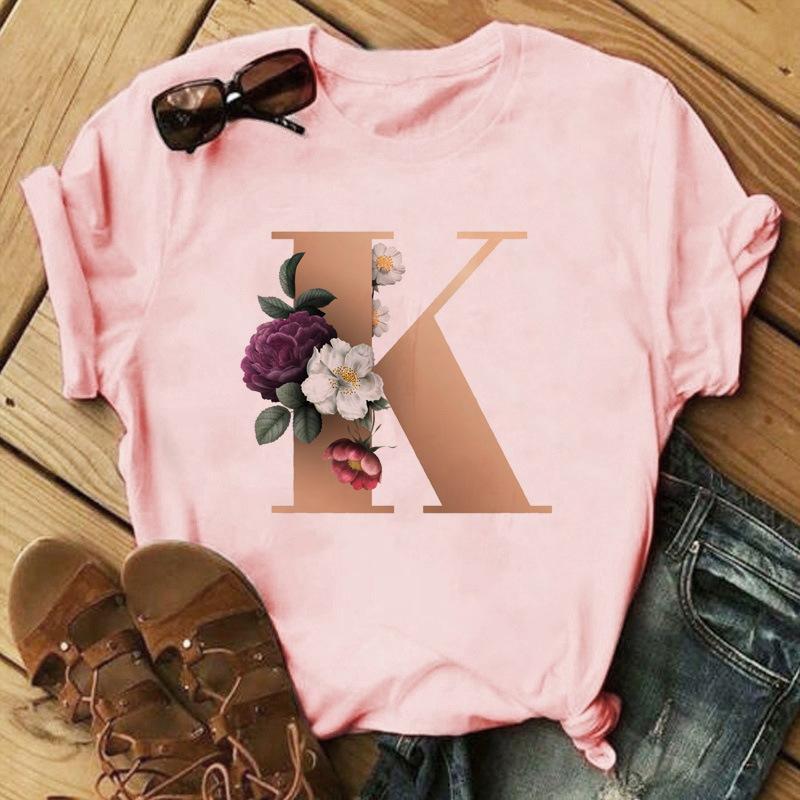 Stylish Gold 26 Letter Floral Print T-shirt Black Oversized for Men And Women Summer Polyester Fabric T-Shirt