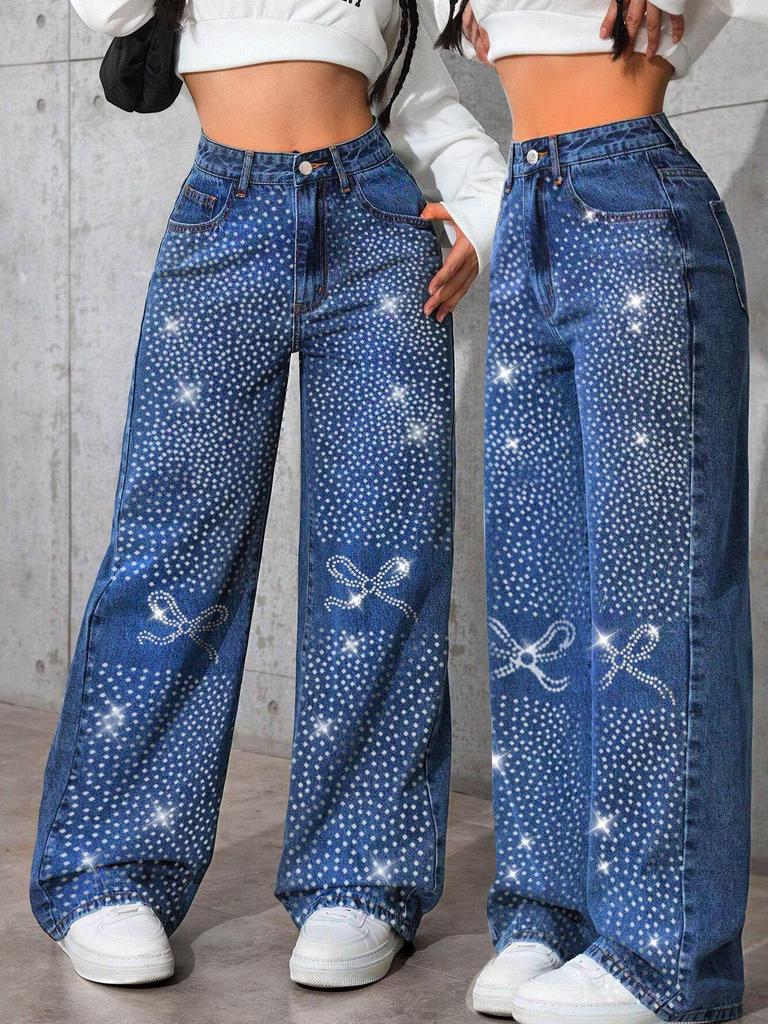 2025 Retro Blue Denim Jeans Women: Autumn/Winter New Style, Rhinestone Butterfly, Loose Straight Leg