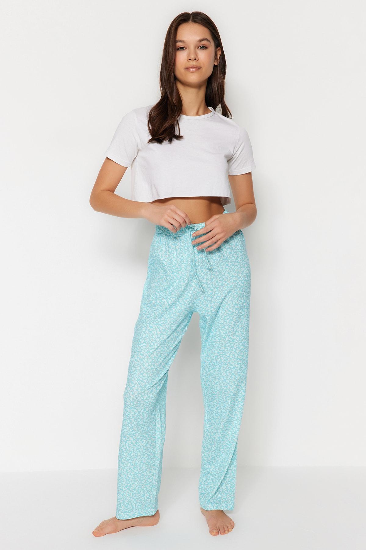 

Light Blue Floral Knitted Cotton Pajamas Bottoms THMSS23PJ00005..