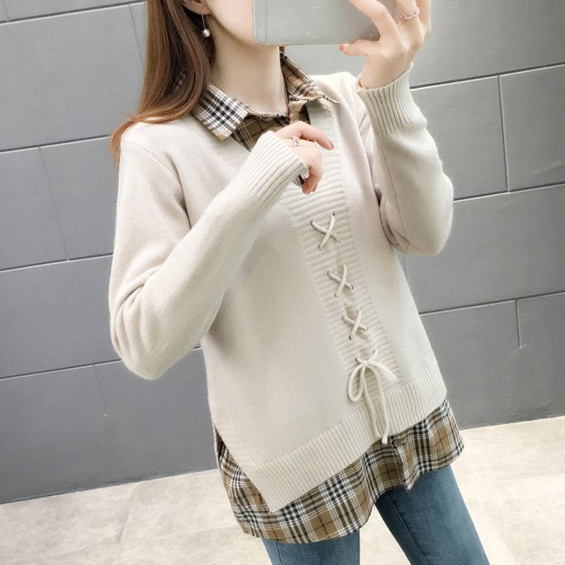 Spring and Autumn Lapel Women s Loose Lazy Style Stitching Fake Two-piece Pullover Sweater Bottoming XS