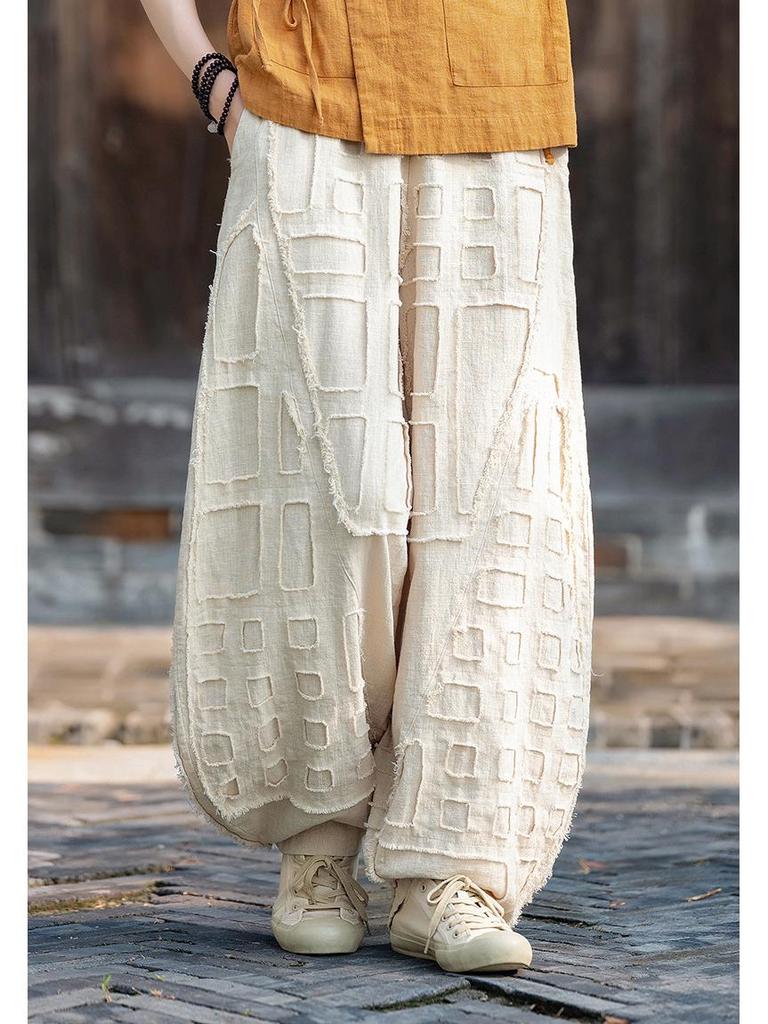 Unisex Boro-Style Linen Lantern Pants with Raw Edges for Meditation - Wide Leg & Autumn-Inspired Design