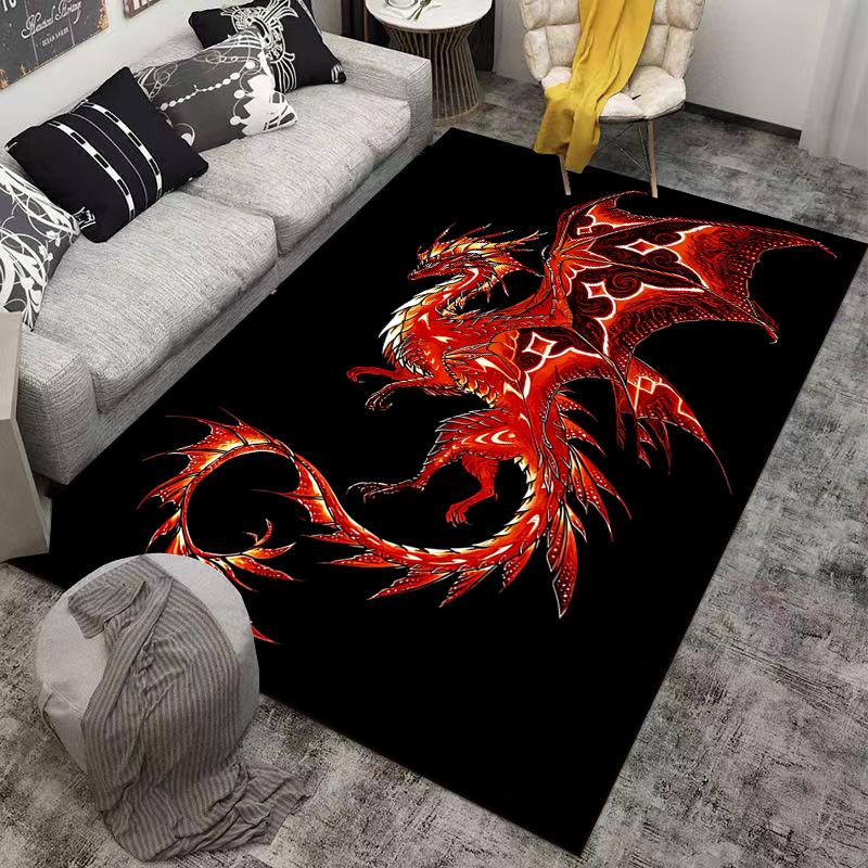 "Fiery Red Dragon Pattern Rug with Black Background for Home Decor" Suitable for use as an anti-slip for living room bedroom sofas
