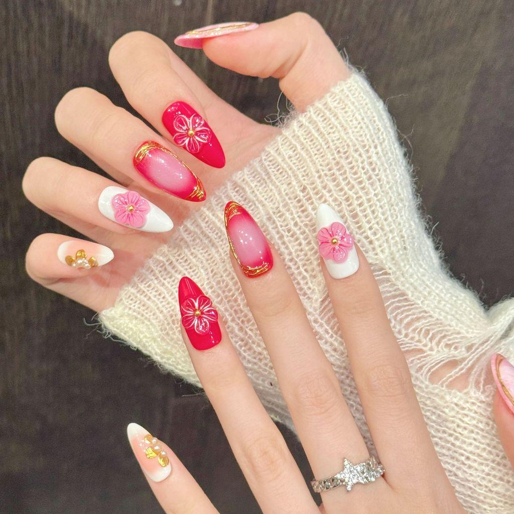Handmade Press On Nail Gentle Reddish Pink Gradient Gilding Hand-painted 3D Carved Flower Pearl Almond Fake Nail Patch Artificial Nail Reusable
