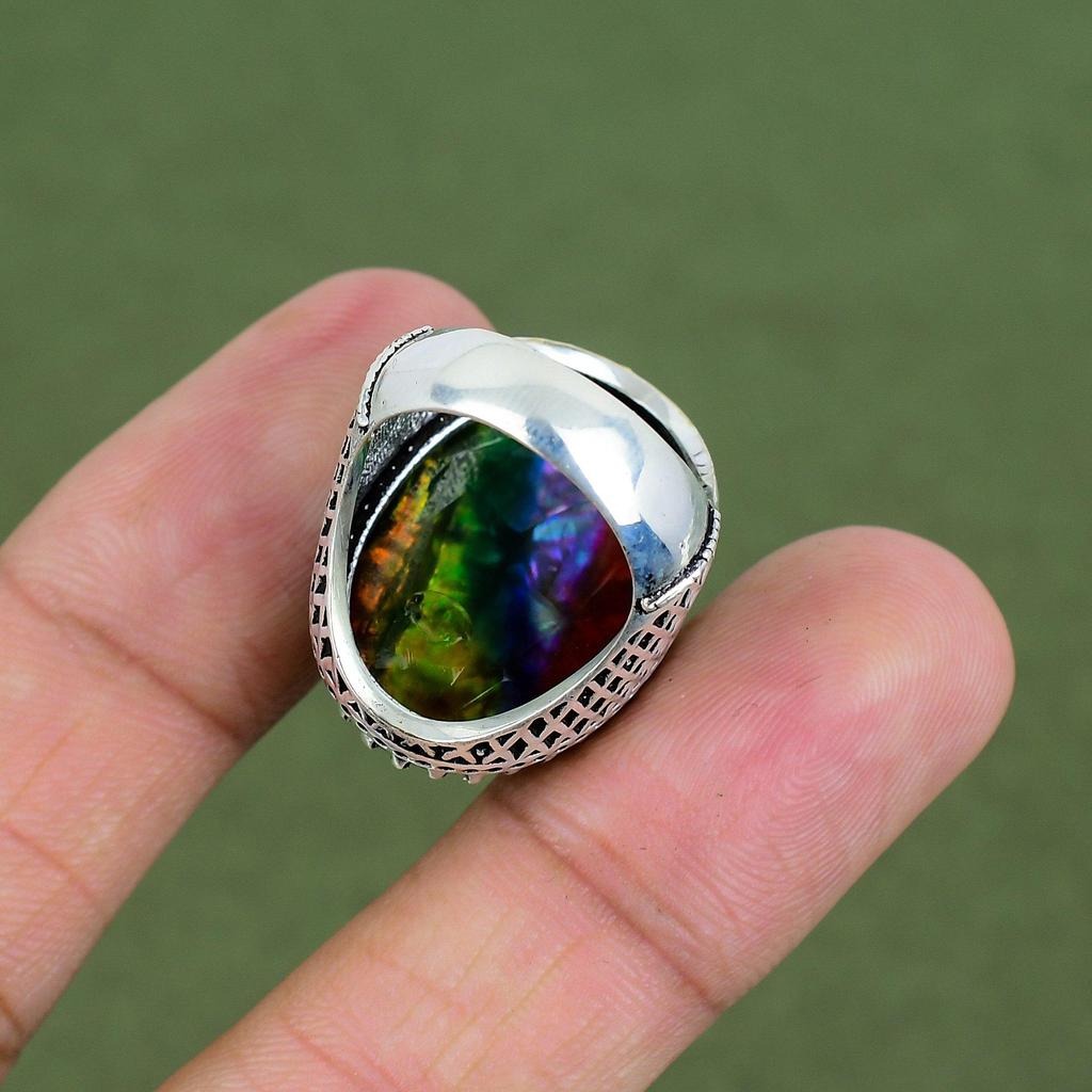 Faceted Ammolite Ring 925 Sterling Silver Ring Handmade Ring Gemstone Rings Natural Ammolite Jewelry Gifts For Mother Available In Ring Size