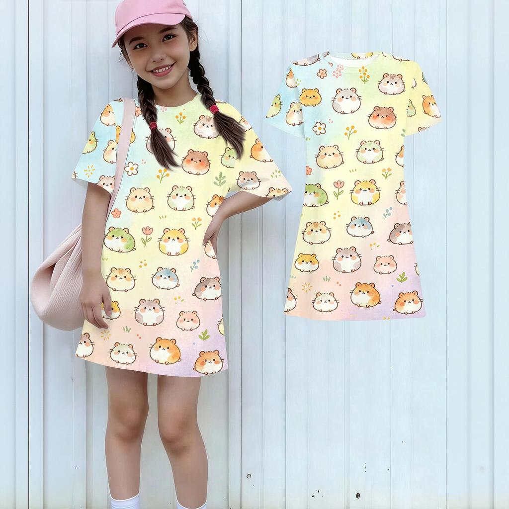 Girls Animal Print Dress Loose Fit Short Sleeve Round Neck Lightweight Summer Dress for Kids Casual Wear