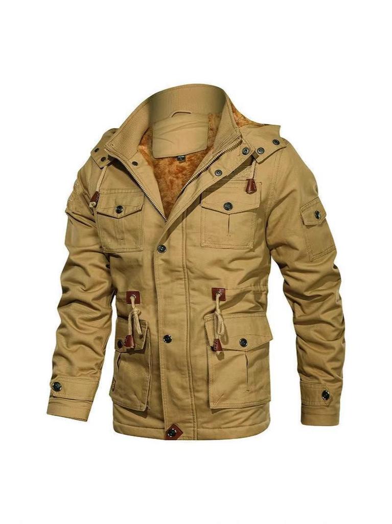 Brown 3D Pocket Casual Cotton Zipper Jacket - Thick, Warm, Loose Fit, Large Size