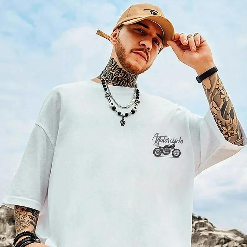 2024 New Harajuku Motorcycle Printed Short Sleeve T-Shirt Men's Summer Trendy High Quality 100% Cotton Round Neck Fitness Top