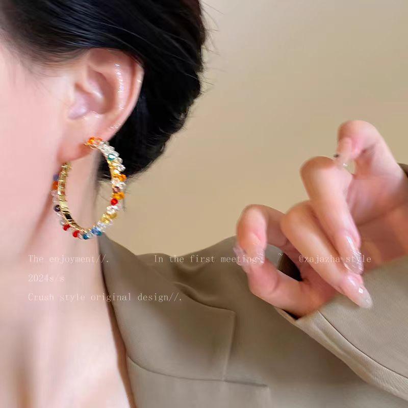 Color Crystal Earrings 2025 New Super Fire Exaggerated Vacation Style Premium Earrings Summer Dopamine Loop Earrings