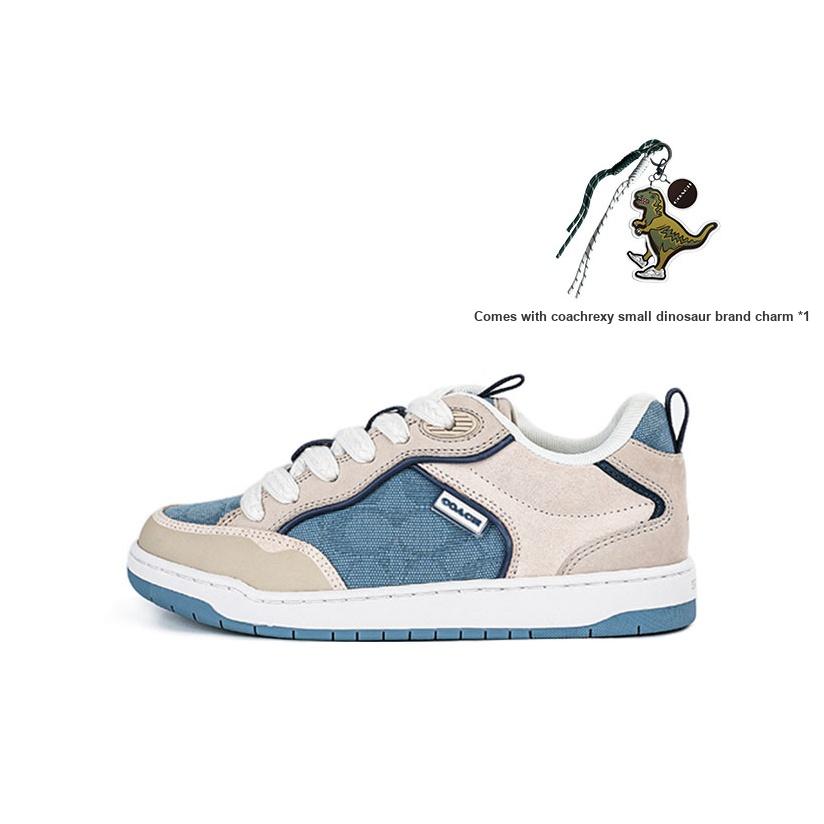 Coach C023 Sneaker Fabric Cow Split Leather Round Toe Lace-Up Low-Top Skate Shoes Women sneaker Gray Blue CAX35-XUK
