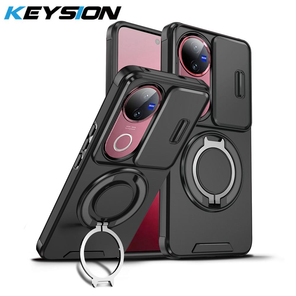 KEYSION 360° Rotating Ring Stand Phone Case for VIVO V50 5G Slide Camera Protection Magnetic Shockproof Back Cover for VIVO V50