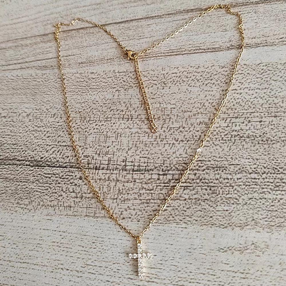 18K Gold-Plated Women's Stainless Steel Cross Necklace with CZ Zirconia