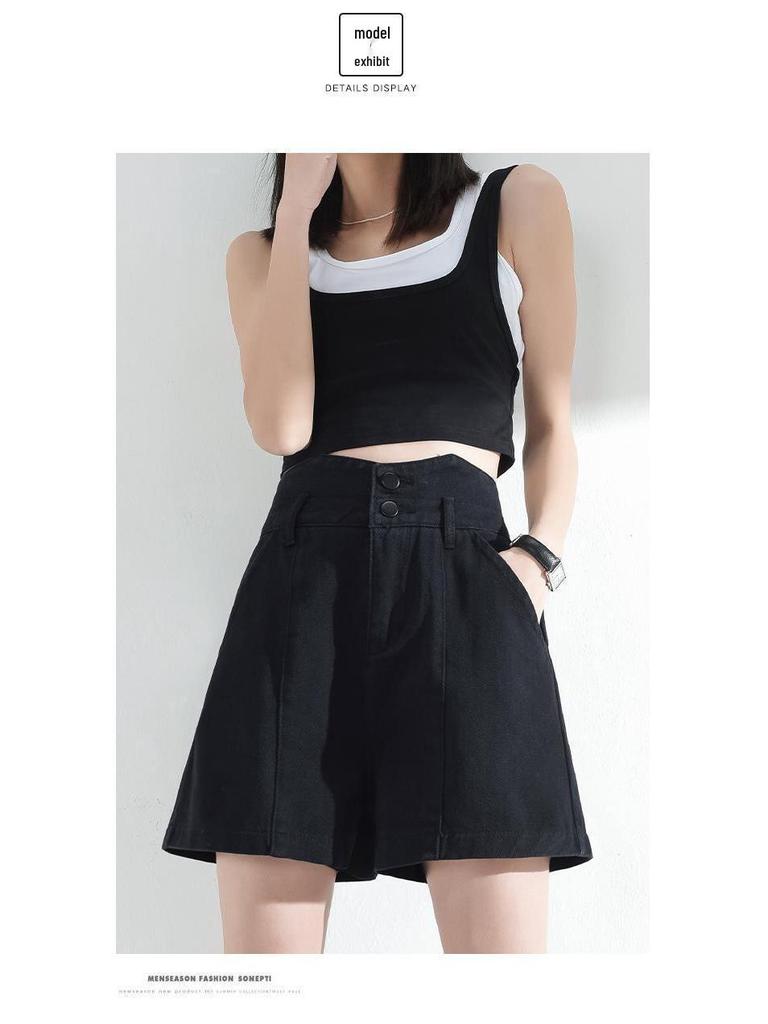 Women's Black Denim High-Waist A-Line Shorts - Spring 2026, Slimming, Plus Size, Trendy, Loose Fit.