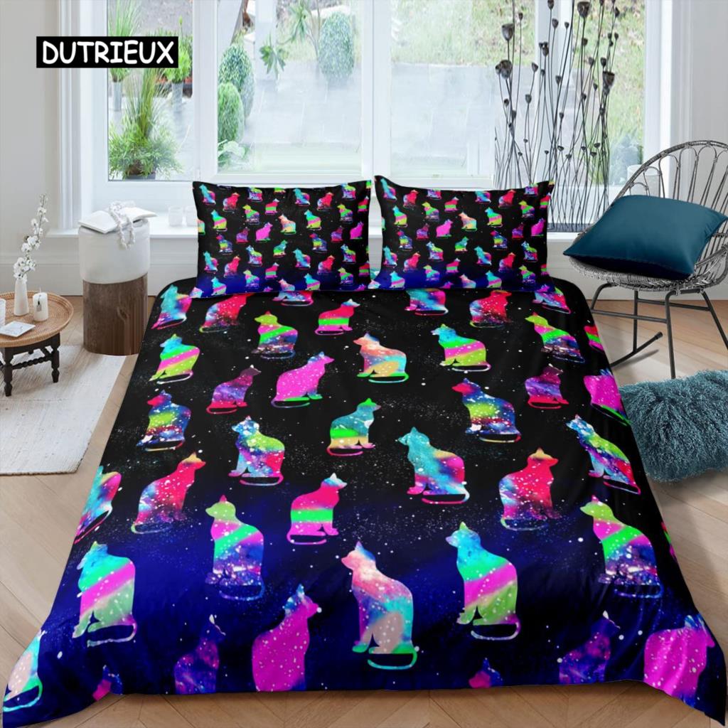 Galaxy Cat Duvet Cover Set Microfiber Universe Galaxy Bedding Set Cute Kitten Comforter Cover Outer Space Planets Quilt Cover