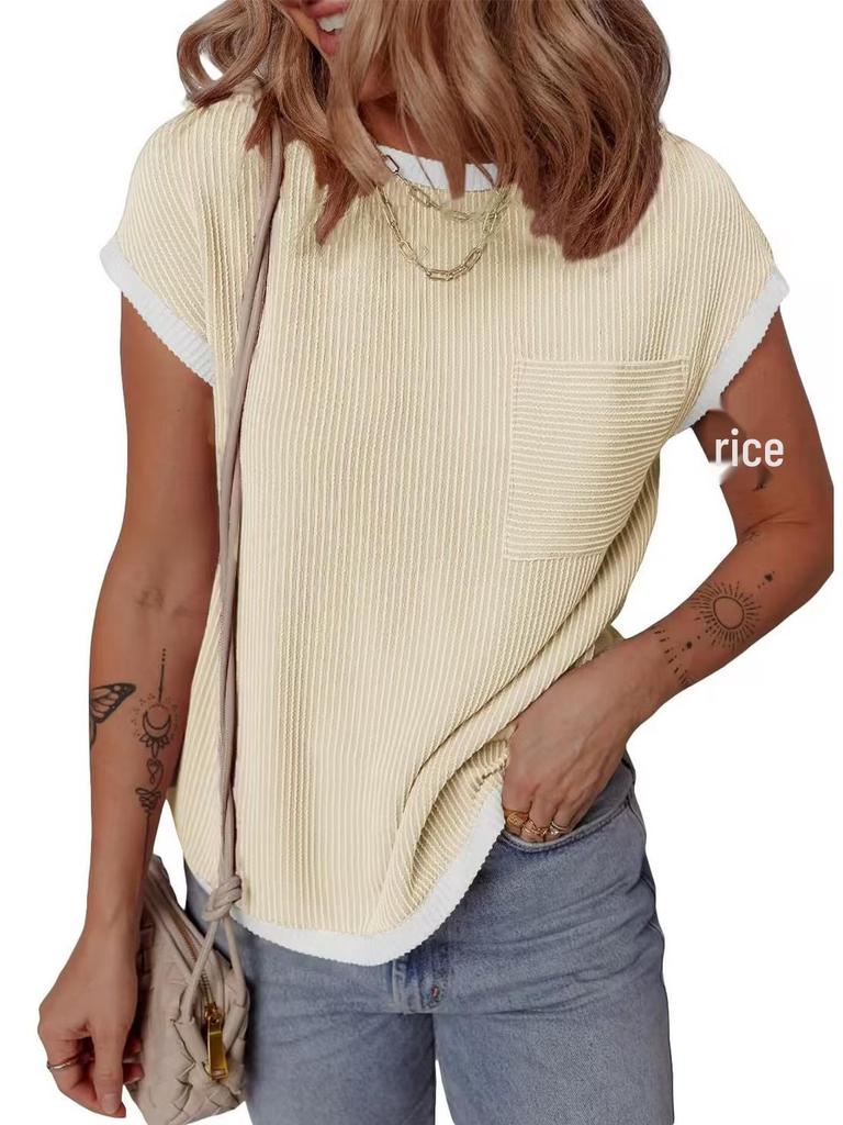 Women's Short Sleeve Ribbed Knit T-shirt - Casual Spring/Summer Top