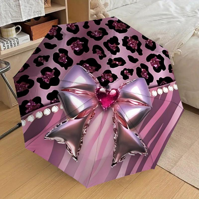

1pc Pink Leopard Print Bow Automatic Open/Close Umbrella, 8-Rib Sturdy Frame, Umbrella for Travel, Everyday, Formal Events yy251126068