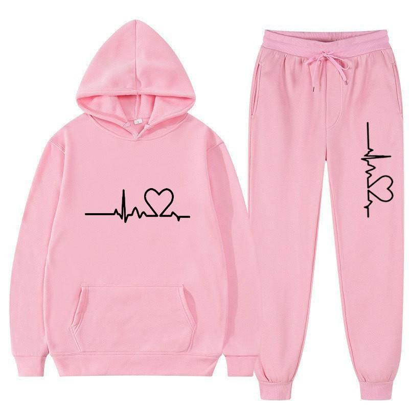 Unisex Oversized Hooded Sweatshirt Set With Heart Print Fleece Lined Casual Sportswear Fall