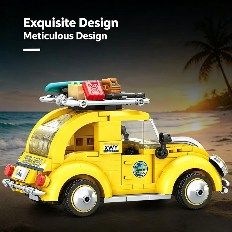 CACO BLOCKSClassic Vintage Car Building Bricks, Yellow Beach Travel Model with Roof Rack, Educational Assembly Toy for Display a