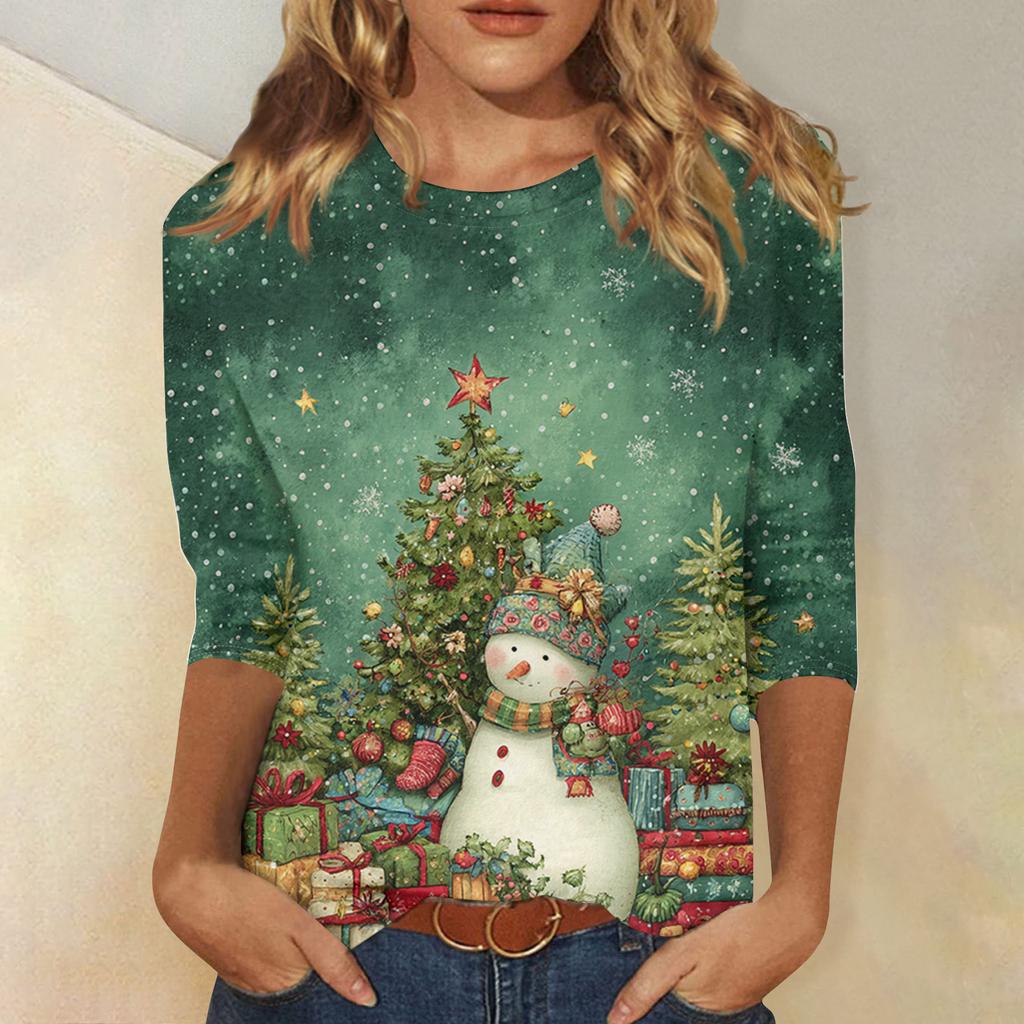 3/4 Sleeve Shirts For Women Print Christmas Tees Blouses Casual Plus Size Basic Tops Pullover