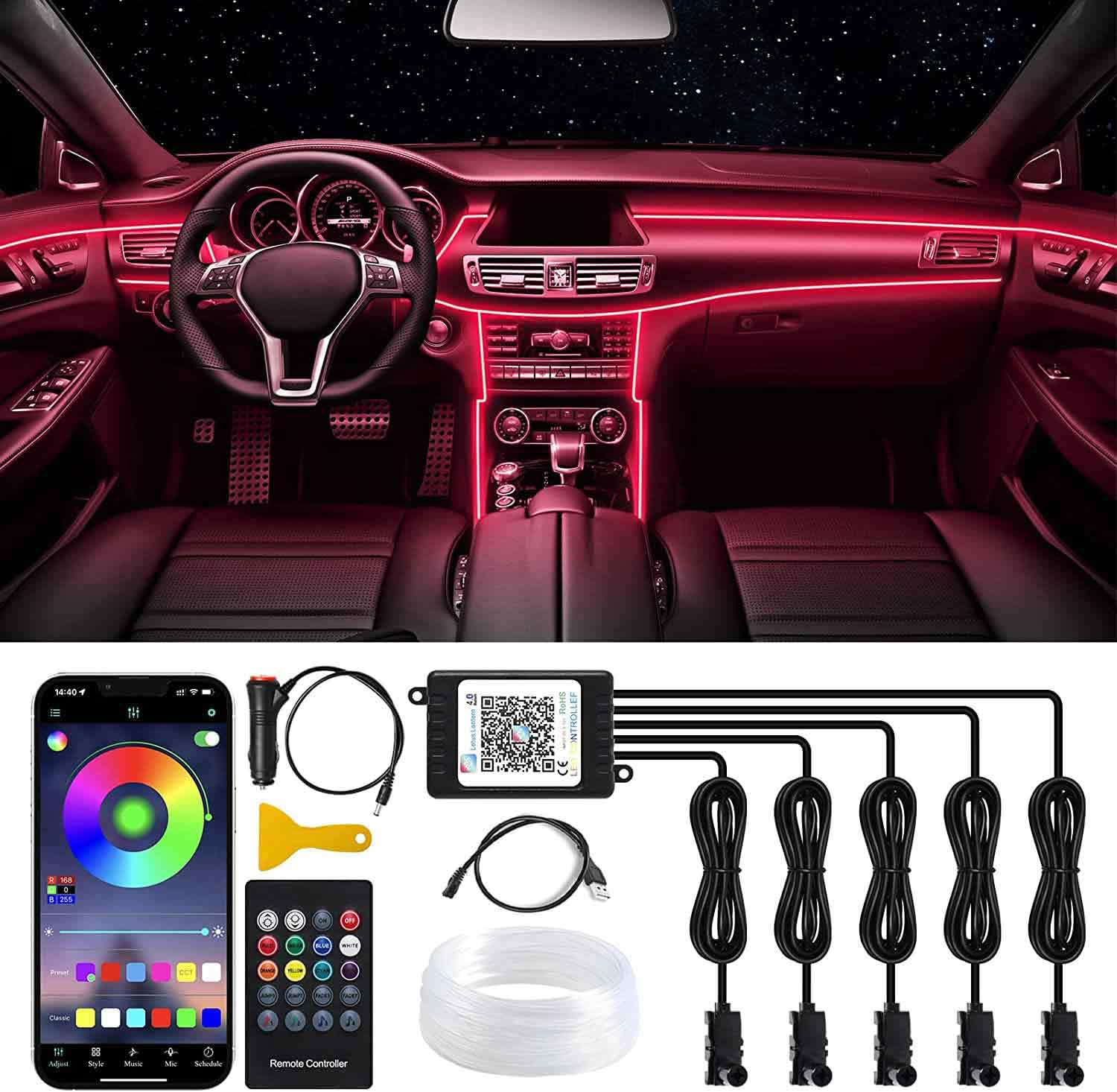 

Подсветка салона, Светодиодная лента для автомобиля, RGB 5 в 1 RGB, Высокая яркость, Атмосфера, Интерьер 5 in 1