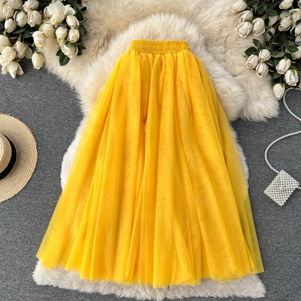 Spring And Summer Pure Color Mesh Pleated Skirt Medium Length Classic Loose And Thin Versatile High Waist Skirt