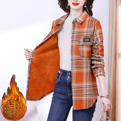 Women's Autumn and Winter Plus Velvet Long-sleeved Shirt Blouse Plaid Shirt