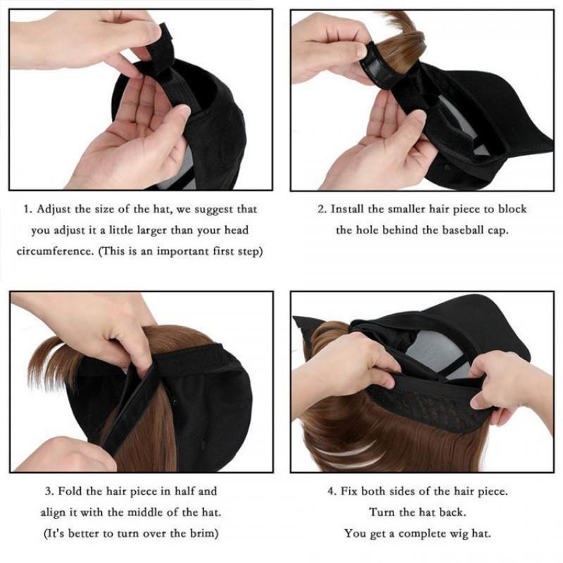 Perruque Bob Court pour Femme avec Casquette de Baseball Intégrée Pièce Capillaire Noir Naturel Cheveux Synthétiques Résistants à la Chaleur Look Élégant