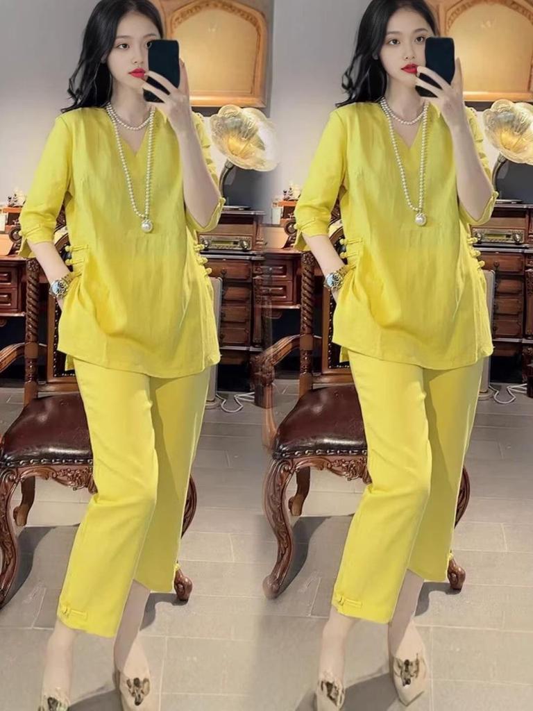 3023 Plus Size Chinese National Style Women's Frog Button Top & Casual Nine-Point Pants Set - Short Sleeve, Split Design for Summer