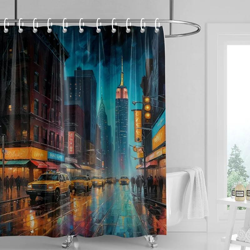 Creative Car Illustration Shower Curtain Waterproof Bathroom Curtain Partition Curtain Bathroom Decoration With 12 Hooks