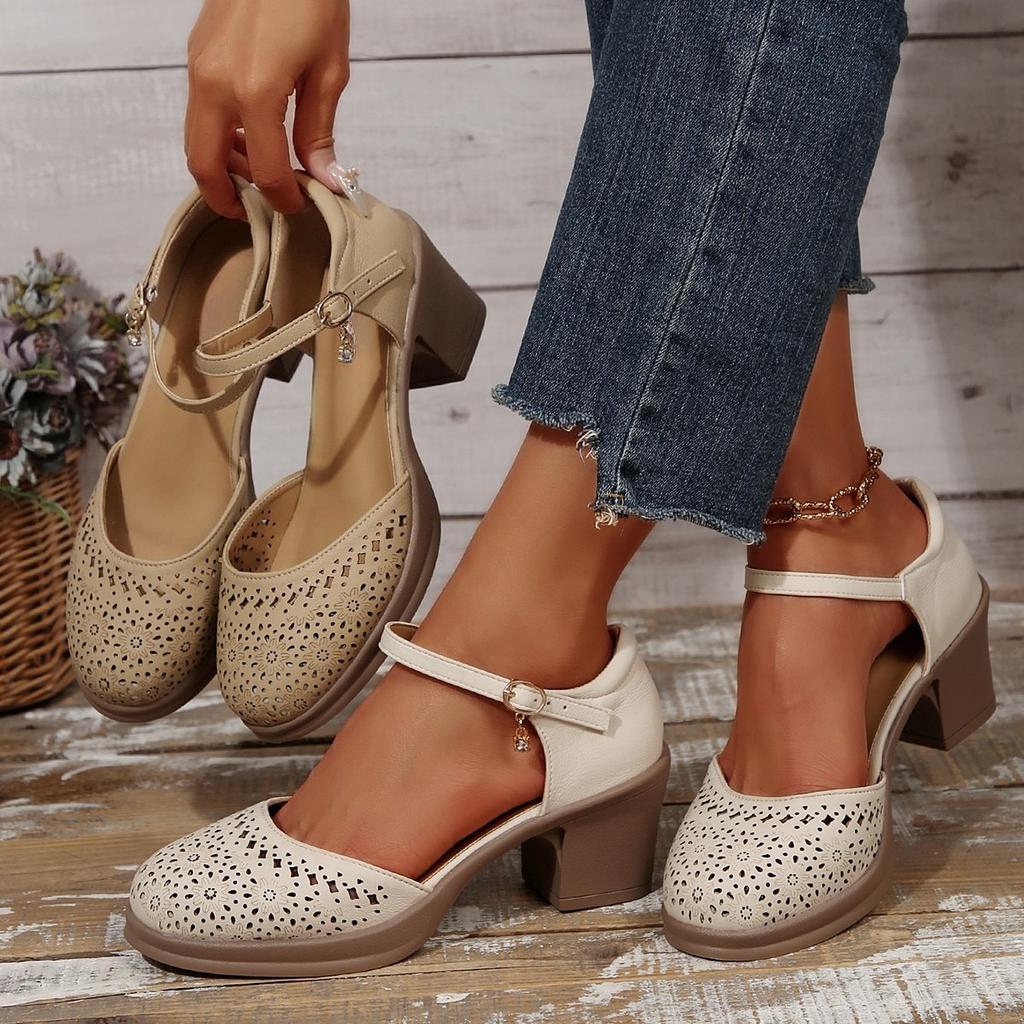 Fashion Ankle Strap High Heels Sandals for Women 2025 Summer Hollow Out Breathable Pumps Woman Comfortable Chunky Heeled Shoes
