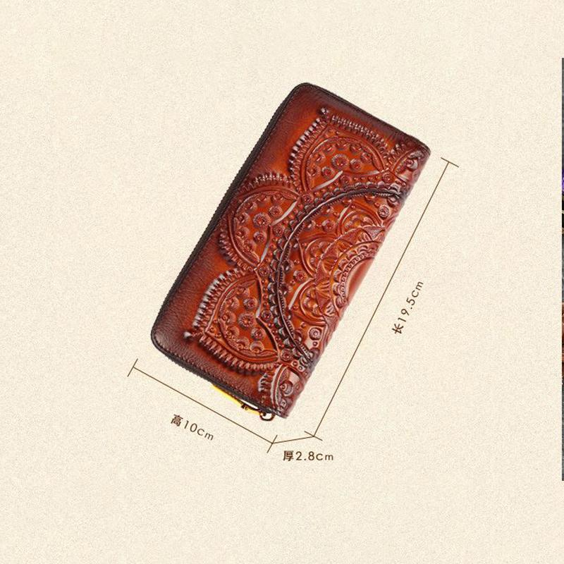 Retro Girl's Wallet Long Hand Bag Women's Leather Handmade Embossed Floral Phone Purse Chinese Style Ladies Card Holder
